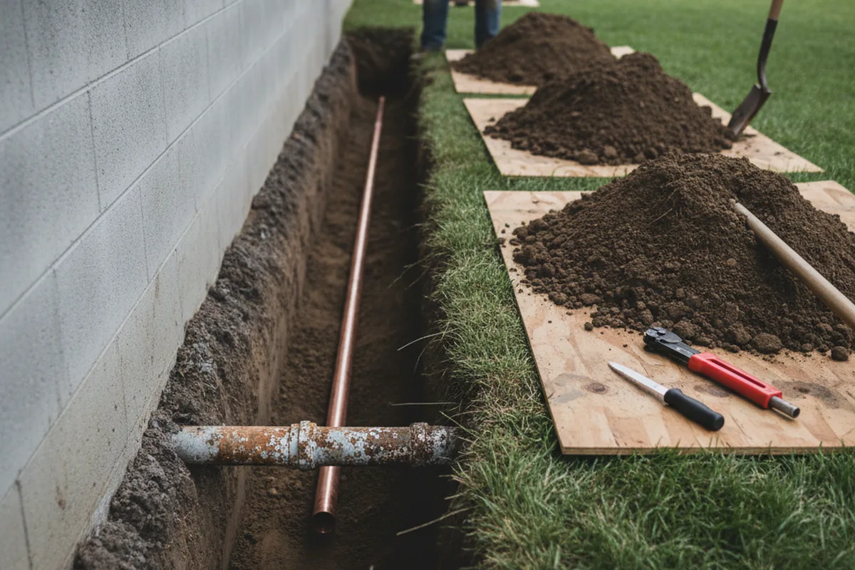 Excavated water line trench during Sewer Line Repair in Dolton